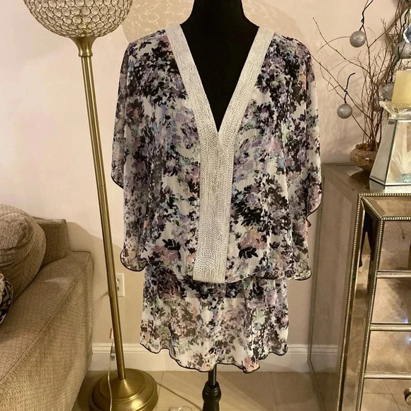 Badgley Mischka White and Purple V-Neck Wrap tunic dress size large - Picture 2 of 6